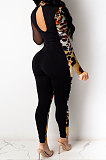 Sexy Womenswear Spliced Net Yarn Printing Long Sleeve Club  Bodycon Jumpsuits KA7159