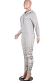 Casual Simplee Long Sleeve Shirred Detail Hoodie Long Pants Sets MD395