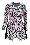 Leopard Plaid Long Sleeve V Neck Self Belted Spliced Mini Dress FFE044