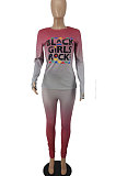 Gradient Long Sleeve High Neck Letter Printing Two-Piece BLK1105