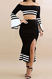 Sexy Off Shoulder Horn Sleeve Waist High Slit Skirt Two-Piece BN9031