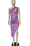 Fashion Printing Inclined Shoulder Dew Chest Irregular  Mini Dress BBN045