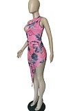 Fashion Printing Inclined Shoulder Dew Chest Irregular  Mini Dress BBN045