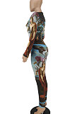 Positioning Printing Long Sleeve Round Neck Bodycon Jumpsuits BLK1209