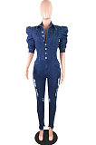 Bubble Sleeves Fashion Casual Sexy Jean Hole Jumpsuit JLX6882