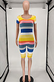 Fashion Stripe Printing Bare Back Tight Round Neck Bodycon Jumpsuits AA5223