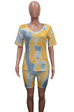 Trendy Ladies Tie-Dye Sets V Collar Summer T-Shirt Casual Shorts SN3763