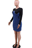 Pure Color Cowboy Spliced Zipper Long Sleeve Package Buttocks Mini Dress CCY8868
