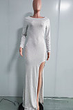 Long Sleeve High Split Pure Color Inclined Shoulder Long Dress A8576