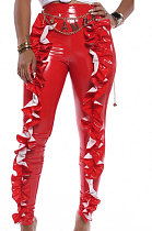 Fashion Ruffle Side Pure Color PU Long Pants A8525
