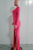 Long Sleeve High Split Pure Color Inclined Shoulder Long Dress A8576