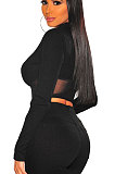Spliced Net Yarn Sexy Round Neck Long Sleeve Womenswear Crop Tops WMZ2585