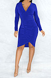 Womenswear Long Sleeve V Neck Ruffle Irregular Pure Color Midi Dress WMZ2597