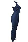 Jean Pure Color Round Neck Sleevess Bodycon Jumpsuits D68102