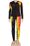 Casual Printing Zipper Draw String Long Slevee Long  Pants Hooded Two-Piece K2023