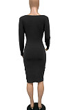 Womenswear Long Sleeve V Neck Ruffle Irregular Pure Color Midi Dress WMZ2597