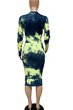 Sexy Womenswear Long Sleeve Round Neck Fashion Casual Printing Tie Dye Skirts Sets WMZ2600