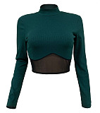 Spliced Net Yarn Sexy Round Neck Long Sleeve Womenswear Crop Tops WMZ2585