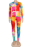 Casual Printing Zipper Draw String Long Slevee Long  Pants Hooded Two-Piece K2023