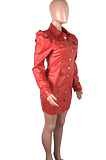 Fashion Lapel Bubble Sleeve Single Breasted PU Leather Short Coat Dress QZ3312
