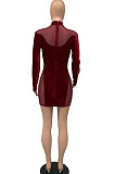Autumn Winter Net Yarn Spliced Velvet Temperament  Mini Dress WMZ2606