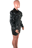 Fashion Lapel Bubble Sleeve Single Breasted PU Leather Short Coat Dress QZ3312