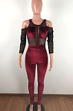 Sexy Net Yarn Joining Together Pleuche Long Slevee Jumpsuits QZ5257