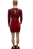 Autumn Winter Net Yarn Spliced Glitter Velvet Temperament Long Sleeve Mini Dress WMZ2616