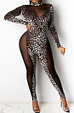 Pleuche Burnt Flower Net Yarn Spliced Perspective Leopard Cultivate One's Morality Long Sleeve Bodycon Jumpsuits WMZ2613