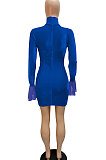 Sexy Net Yarn Spliced Velvet High Neck Horn Long Sleeve Temperament Mini Dress WMZ2623