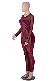 Club Sexy Womenswear Net Yarn Golden Pink Stripe Suede Spliced Long Sleeve Bodycon Jumpsuits WMZ2620