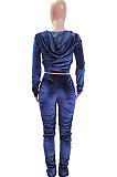 Autumn Pleated Solid Color Zipper Up Hoodie Two-piece Pants Set HG068