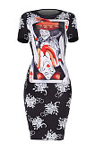 Multi Printing Dress Short Sleeve Midi Dress WMZ2619