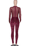 Club Sexy Womenswear Net Yarn Golden Pink Stripe Suede Spliced Long Sleeve Bodycon Jumpsuits WMZ2620