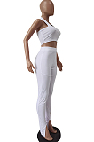 Pure Color Hang A Neck Wipes Bosom+Pencil Trousers With Slit Legs Two-Piece TRS1103