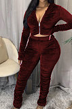 Autumn Pleated Solid Color Zipper Up Hoodie Two-piece Pants Set HG068