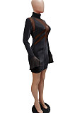 Sexy Net Yarn Spliced Velvet High Neck Horn Long Sleeve Temperament Mini Dress WMZ2623