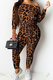 Yellow Sexy Womenswear Long Sleeve Leopard Boat Neck Casual Jumpsuit NYY6043