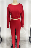 Red Midriff Long Slevee T-Shirt And Leggings Pit-Strip Two-Piece Set X9275