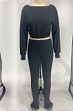 Black Midriff Long Slevee T-Shirt And Leggings Pit-Strip Two-Piece Set X9275
