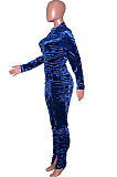 Blue Fashion Velvet Pleated Two-piece Women's Fall/Winter Casual Suit SN390070