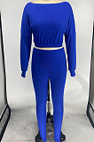 Blue Midriff Long Slevee T-Shirt And Leggings Pit-Strip Two-Piece Set X9275