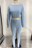 Light Blue Midriff Long Slevee T-Shirt And Leggings Pit-Strip Two-Piece Set X9275