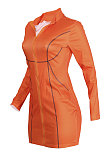 Pure Color Printing Zipper Long Sleeve Mini Dress JZH8026
