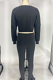 Black Midriff Long Slevee T-Shirt And Leggings Pit-Strip Two-Piece Set X9275