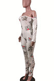 Gray Lips Sexy Plastered Chest Printing Off Shoulder Long Pants Bodycon Jumpsuits WY6744