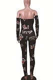 Black Sexy Plastered Chest Printing Pure Color Off Shoulder Long Pants Bodycon Jumpsuits WY6744