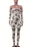 Gray Sexy Plastered Chest Printing Pure Color Off Shoulder Long Pants Bodycon Jumpsuits WY6744
