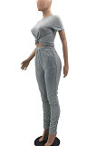 Black Womenswear Pure Color T Shirts Shirred Detail Pants Sets Two-Piece NYY8007