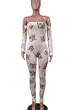 White Love Fashion Sexy Plastered Chest Printing Off Shoulder Long Pants Bodycon Jumpsuits WY6744